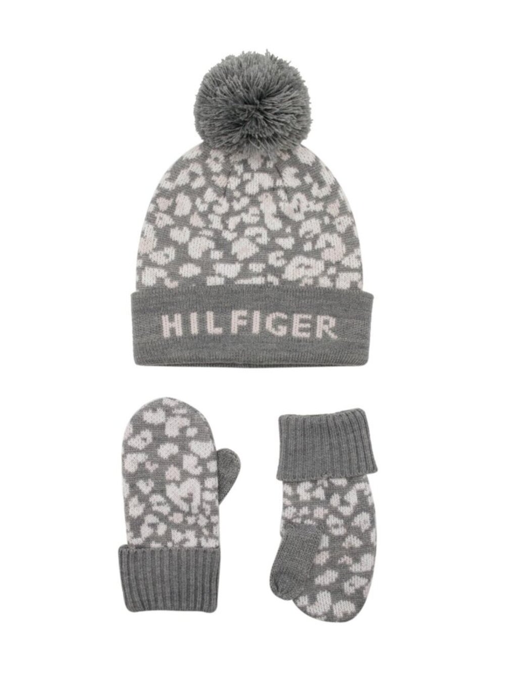 Tommy Hilfiger Gray Leopard Beanie & Mittens Set For Women Soft Knit Winter Acce